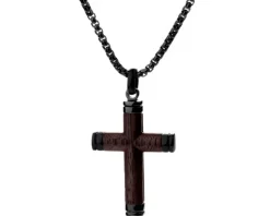 Naszyjnik ze stali szlachetnej z drewnem - krzyż
