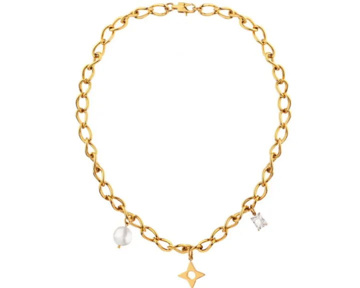 Naszyjnik ze stali szlachetnej z cyrkonią i perłą