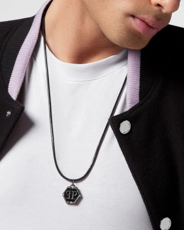 Naszyjnik ze stali szlachetnej i skóry z emalią - Philipp Plein