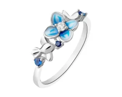 Pierścionek srebrny z cyrkoniami i emalią - kwiat, motyl, ptak