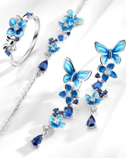 Pierścionek srebrny z cyrkoniami i emalią - kwiat, motyl, ptak