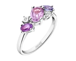 Pierścionek z białego złota z diamentami, ametystami i tanzanitem - próba 375