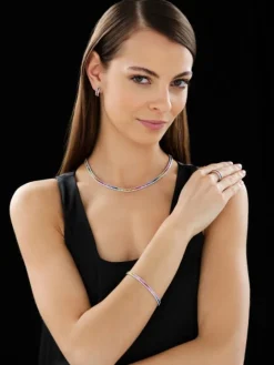 Pierścionek z białego złota z brylantami i szafirami kolorowymi - próba 585