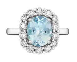 Pierścionek z białego złota z brylantami i akwamarynem - próba 585