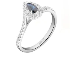 Pierścionek z białego złota z brylantami i szafirem - próba 585