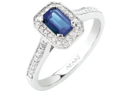 Pierścionek z białego złota z brylantami i szafirem - próba 585