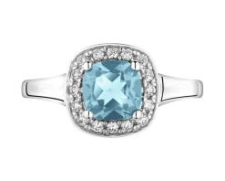 Pierścionek z białego złota brylantami i topazem London Blue - próba 585