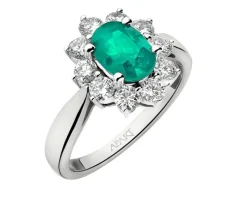 Pierścionek z białego złota z brylantami i szmaragdem - próba 585