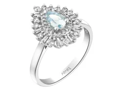 Pierścionek z białego złota z diamentami i akwamarynem - próba 585