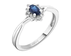 Pierścionek z białego złota z brylantami i szafirem - próba 585