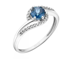 Pierścionek z białego złota z diamentami i topazem London Blue - próba 375