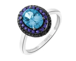 Pierścionek z białego złota z czarnymi diamentami, szafirami i topazem London Blue - próba 585