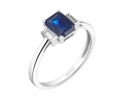 Pierścionek z białego złota z diamentami i szafirem - próba 585