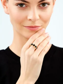 Pierścionek z mosiądzu pozłacany z agatami - kwadraty