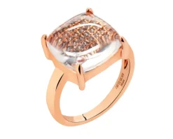 Pierścionek z mosiądzu pozłacany z cyrkoniami i szklanym detalem - kwadrat