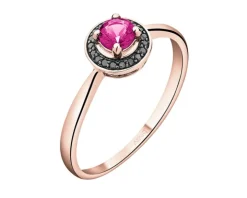 Pierścionek z różowego złota z czarnymi brylantami i rubinem syntetycznym - próba 375