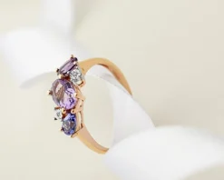 Pierścionek z różowego złota z diamentami, ametystami i tanzanitem - próba 375