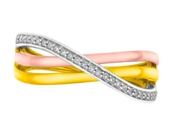Pierścionek z żółtego, białego i różowego złota z diamentami - 0,07 ct - próba 585
