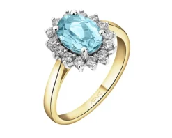 Pierścionek z żółtego i białego złota z brylantami i akwamarynem - próba 585