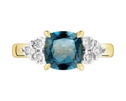 Pierścionek z żółtego i białego złota z brylantami i topazem London Blue - próba 585
