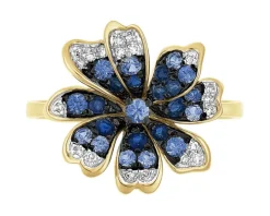 Pierścionek z żółtego złota z diamentami i szafirami - kwiat - próba 585