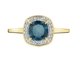 Pierścionek z żółtego złota z diamentami i topazem London Blue - próba 585