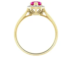 Pierścionek z żółtego złota z diamentami i rubinem syntetycznym - serce - próba 375