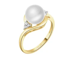 Pierścionek z żółtego złota z brylantami i perłą - próba 585