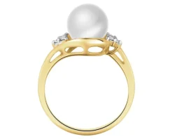 Pierścionek z żółtego złota z brylantami i perłą - próba 585