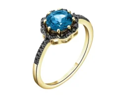 Pierścionek z żółtego złota z czarnymi brylantami i topazem London Blue - próba 585