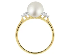 Pierścionek z żółtego złota z diamentami i perłą - próba 585