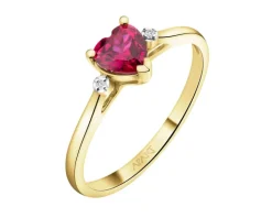 Pierścionek z żółtego złota z diamentami i rubinem syntetycznym - serce - próba 375