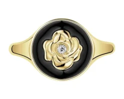 Pierścionek z żółtego złota z diamentem i emalią - sygnet, kwiat - 0,004 ct - próba 375