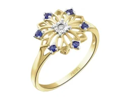 Pierścionek z żółtego złota z brylantem i szafirami syntetycznymi - próba 375