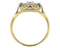 Pierścionek z żółtego złota z brylantem i szafirami syntetycznymi - próba 375