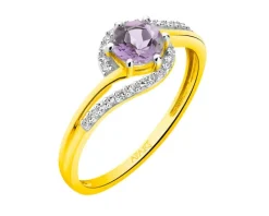 Pierścionek z żółtego złota z diamentami i ametystem - próba 585