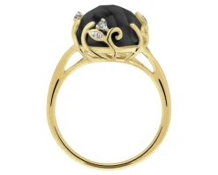 Pierścionek z żółtego złota z diamentami i onyksem - liście - próba 585