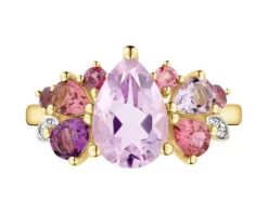 Pierścionek z żółtego złota z diamentami i kamieniami ozdobnymi - próba 585