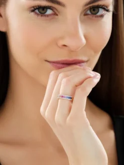 Pierścionek z żółtego złota z brylantami i szafirami kolorowymi - próba 585