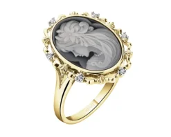 Pierścionek z żółtego złota z diamentami i agatem - kamea - próba 585