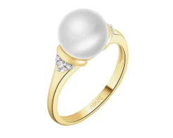 Pierścionek z żółtego złota z diamentami i perłą - próba 585