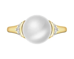 Pierścionek z żółtego złota z diamentami i perłą - próba 585