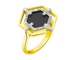 Pierścionek z żółtego złota z diamentami i onyksem - próba 585