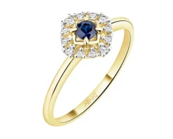 Pierścionek z żółtego złota z diamentami i szafirem - próba 585