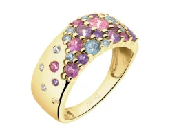 Pierścionek z żółtego złota z brylantami, kamieniami szlachetnymi i ozdobnymi - próba 585