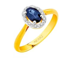 Pierścionek z żółtego złota z diamentami i szafirem - próba 585