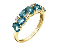 Pierścionek z  żółtego złota z brylantami i topazami London Blue - próba 585