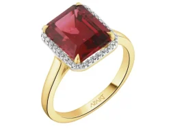 Pierścionek z żółtego złota z diamentami i rodolitem - próba 585