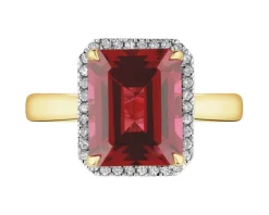 Pierścionek z żółtego złota z diamentami i rodolitem - próba 585