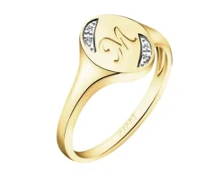 Pierścionek z żółtego złota z diamentami - sygnet - litera M - 0,01 ct - próba 375
